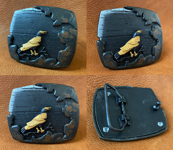 HA2343 Vintage Antique Black Gold Crow Engraved 3D Belt Buckle