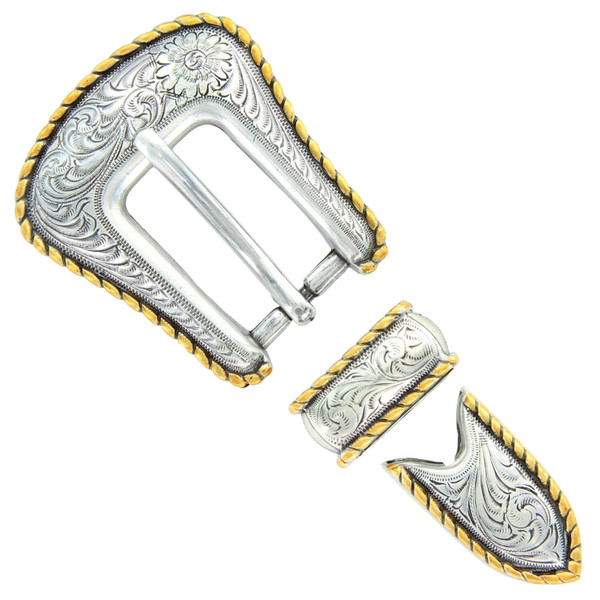 S5539 ASAG Western Floral Engraved Hand Polished Rope Edge Belt Buckle Set Fits 3/4"(19mm) Belt (Anitque Gold)