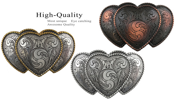 Western Sterling Silver &  Gold Triple Hearts Ladies Cowgirl Belt Buckle