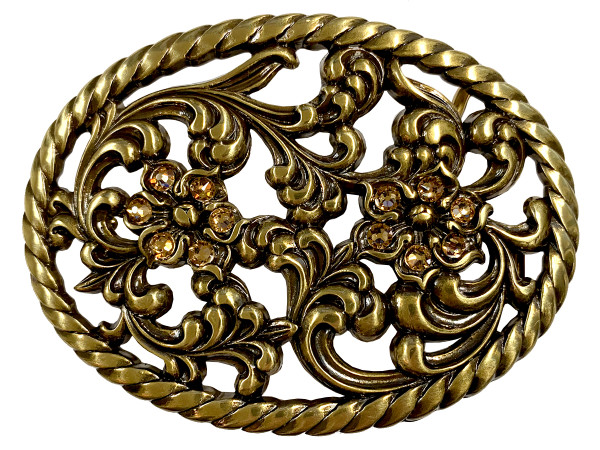Antique Brass Flower Engraved Light Colorado Topaz Rhinestone Buckle fits 1-1/2" Wide Belt