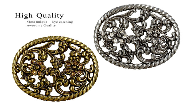 Antique Brass Flower Engraved Light Colorado Topaz Rhinestone Buckle fits 1-1/2" Wide Belt