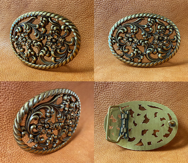 Antique Brass Flower Engraved Light Colorado Topaz Rhinestone Buckle fits 1-1/2" Wide Belt