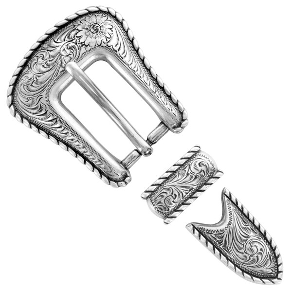 S5539 LASRP Western Floral Engraved Hand Polished Rope Edge Belt Buckle Set Fits 3/4"(19mm) Belt (Antique Silver)