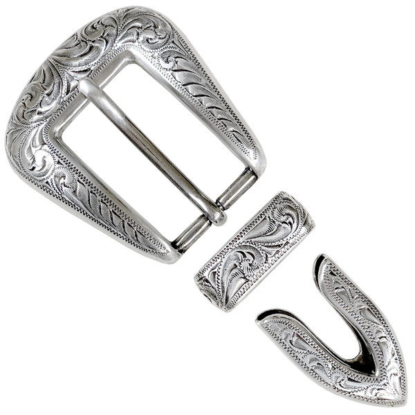 S5729 LASRP Western Floral Engraved Hand Polished Belt Buckle Set Fits 1"(25mm) Belt (Antique Silver)