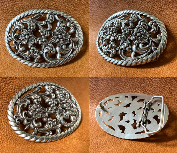 HA0131-LASRP Antique Flower Engraved Buckle fits 1-1/2" Wide Belt