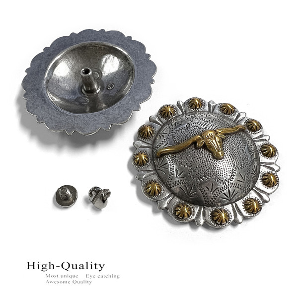 BS9275 SRTPGP 2-3/8" Antique Gold Western Floral Longhorn Steer Engraved Berry Concho Screwback