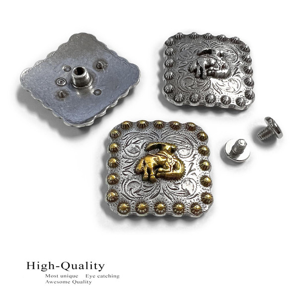 BS9286 SRTP 2-1/4" Antique Western Bucking Bronco Rider Engraved Berry Square Concho Screwback