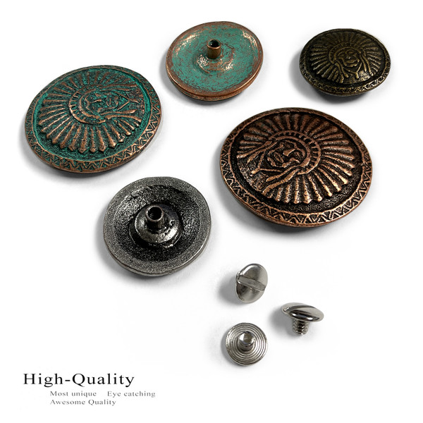 SC582 GREEN 1-3/4" Patina Engraved Indian headdress Concho Screwback
