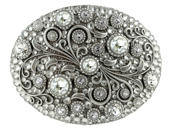 HA0860 Rhinestone Crystal Belt Buckle Antique Oval Floral Engraved Buckle - Silver__Full Crystal