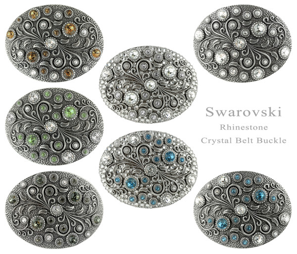 HA0860 Rhinestone Crystal Belt Buckle Brass Oval Floral Engraved Buckle - Brass-Full Lt Col Topaz