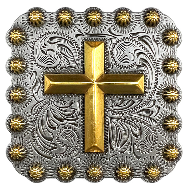 BS9284-2 SRTPGP 1-3/8" Antique Gold Western Engraved Cross Berry Square Concho Screwback