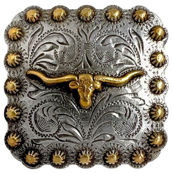 BS9285-2 SRTPGP 1-3/8" Antique Gold Western Engraved Longhorn Steer Berry Square Concho Screwback