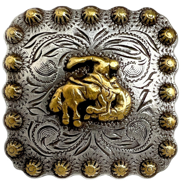 BS9286-2 SRTPGP 1-3/8" Antique Gold Western Bucking Bronco Rider Engraved Berry Square Concho Screwback