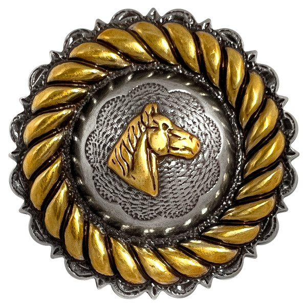 FA4832-4 ASAG 1-1/2" Antique Gold Horse Head Rope Edge Engraved Concho Screwback