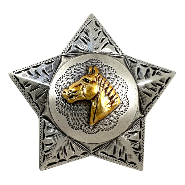 FA4836-1 ASAG 1-1/2" Antique Gold Western Engraved Horsehead Star Concho Screwback