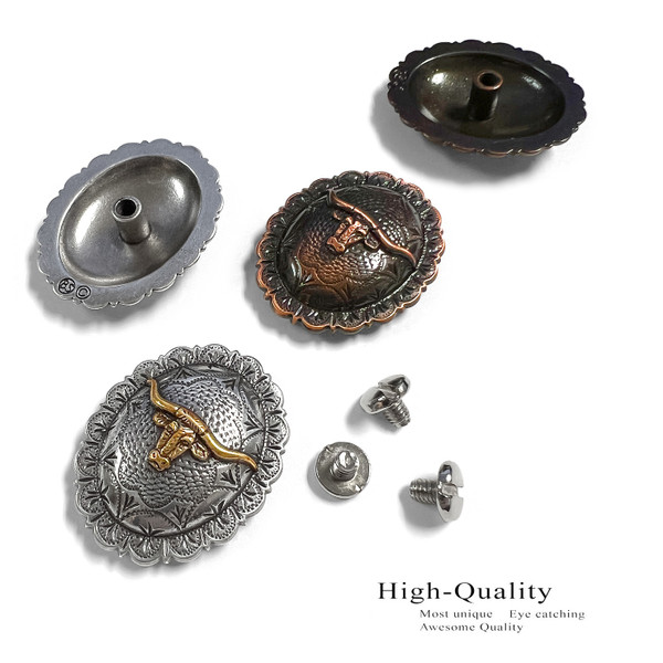 FA4838 ASAG Antique Gold Engraved Longhorn Steer Concho Screw Back