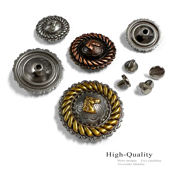 FA4832-3 SVCRB 1-1/4" Copper Horse Head Rope Edge Engraved Concho Screwback