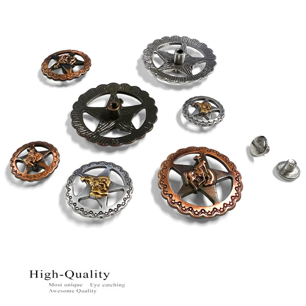 FA4835-3 ASAG 1-1/4" Antique Gold Engraved Bronco Rider Star Concho Screwback