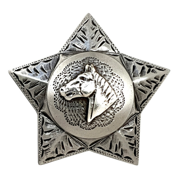 FA4836 LASRP 1-1/4" Antique Silver Western Engraved Horsehead Star Concho Screwback