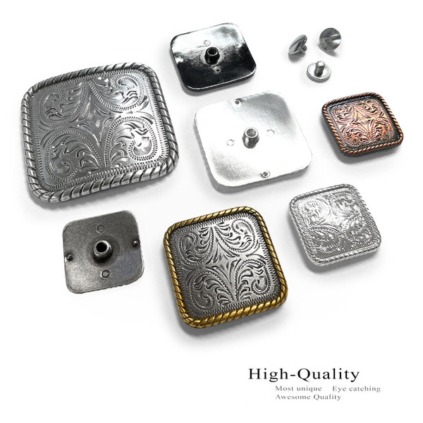 BS9312-2 SRTPGP 1-1/4" Antique Gold Western Floral Engraved Rope Edge Square Concho Screwback
