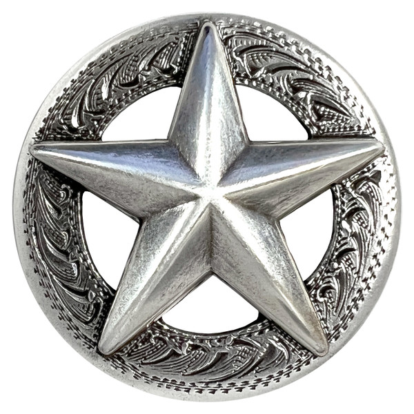 F9951 SRTP 1-1/4" Antique Silver Engraved Raised Star Concho Screwback