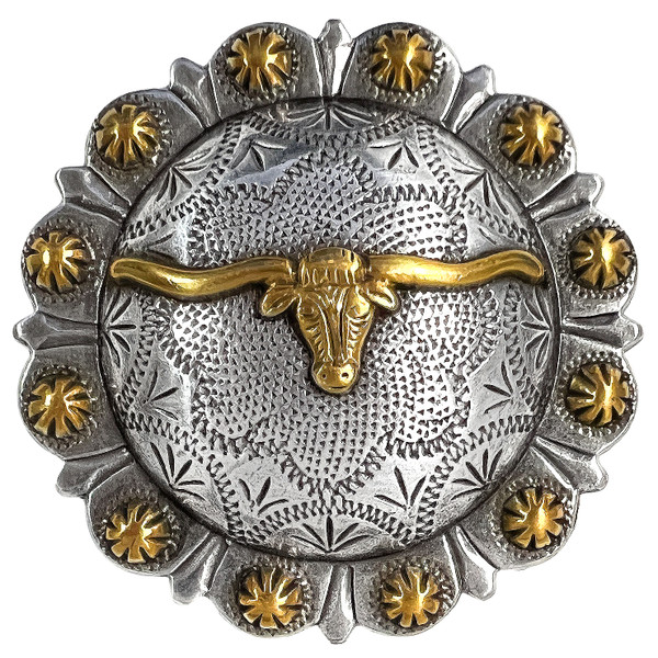 BS9275-3 SRTPGP 1-1/2" Antique Gold Western Floral Longhorn Steer Engraved Berry Concho Screwback