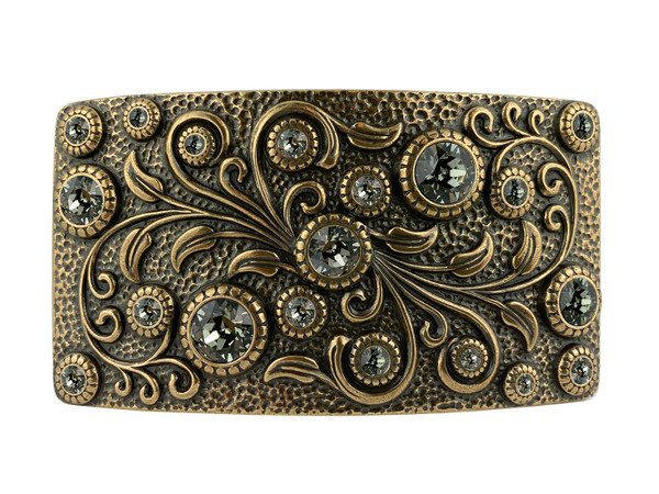 HA0850 Rhinestone Crystal Belt Buckle Brass Rectangle Floral Engraved Buckle - Brass_Black Diamond