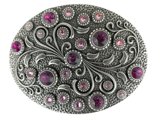 HA0860 Rhinestone Crystal Belt Buckle Antique Oval Floral Engraved Buckle - Silver_Amethyst Lt Amethyst
