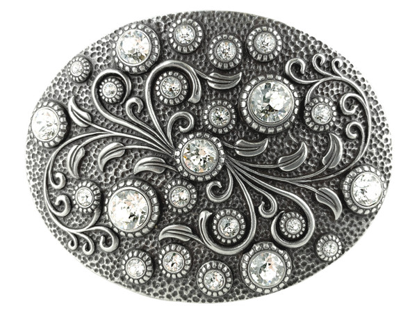 HA0860 Rhinestone Crystal Belt Buckle Antique Oval Floral Engraved Buckle - Silver-Crystal