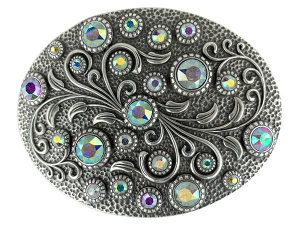 HA0860 Rhinestone Crystal Belt Buckle Antique Oval Floral Engraved Buckle - Silver-CrystalAB