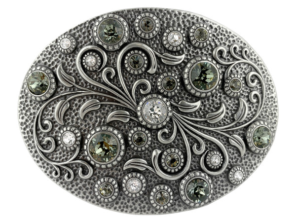 HA0860 Rhinestone Crystal Belt Buckle Antique Oval Floral Engraved Buckle - Silver-Crystal Black Diamond