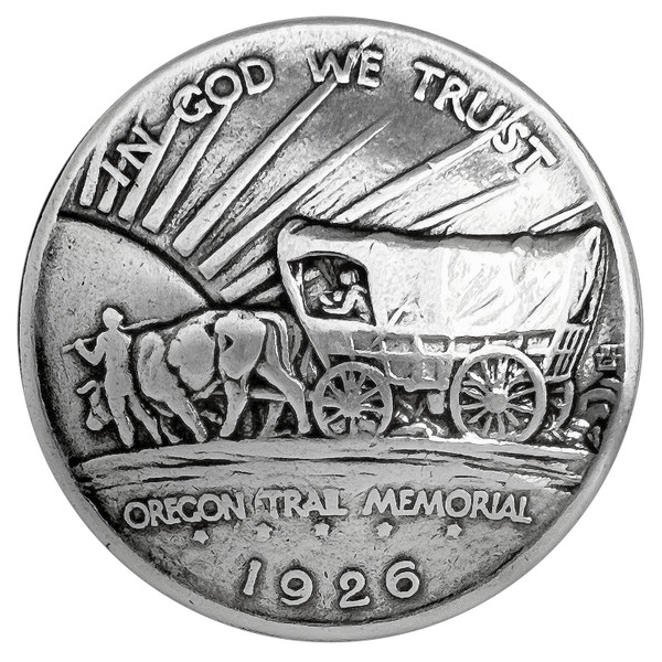 BS9183-B SRTP 1-1/4'' Antique Silver Oregon Trail Memorial Covered Wagon Reproduction Coin Concho
