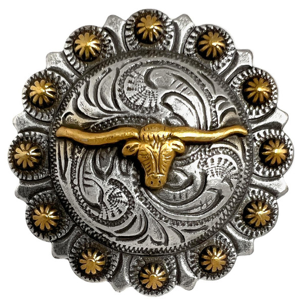 BS9265-2 SRTPGP 1-1/4" Antique Gold Western Floral Longhorn Steer Engraved Berry Concho Screwback