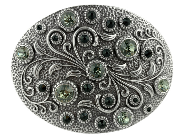 HA0860 Rhinestone Crystal Belt Buckle Antique Oval Floral Engraved Buckle - Silver-Black Diamond Jet