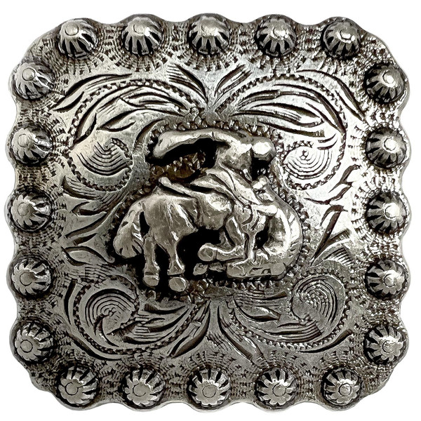 BS9286-1 SRTP 1" Antique Western Bucking Bronco Rider Engraved Berry Square Concho Screwback