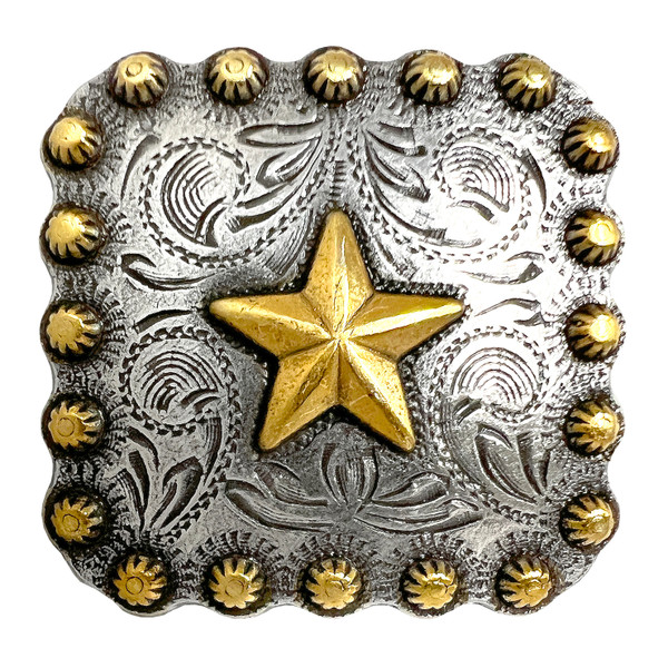 BS9287-1 SRTPGP 1" Antique Gold Western Engraved Star Berry Square Concho Screwback