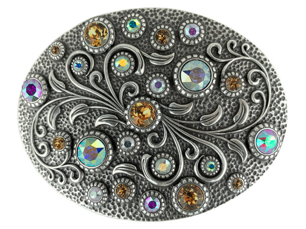 HA0860 Rhinestone Crystal Belt Buckle Antique Oval Floral Engraved Buckle - Silver-CrystalAB Lt Col Topaz