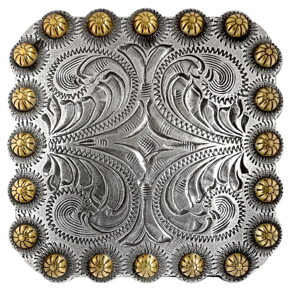 BS9291-1 SRTPGP 1" Antique Gold Western Floral Engraved Berry Square Concho Screwback