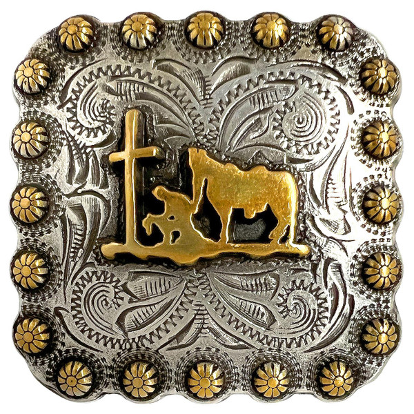 BS9295 SRTPGP 1" Antique Gold Western Floral Praying Cowboy Engraved Square Concho Screwback