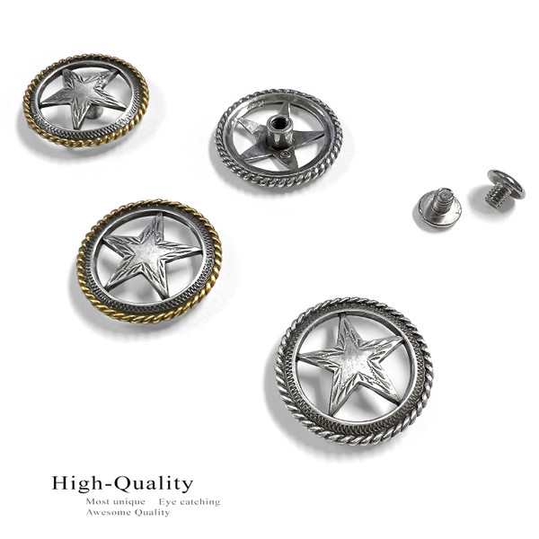 BS9112 SRTP 1-1/8" Antique Western Engraved Rope Edge Star Concho Screwback