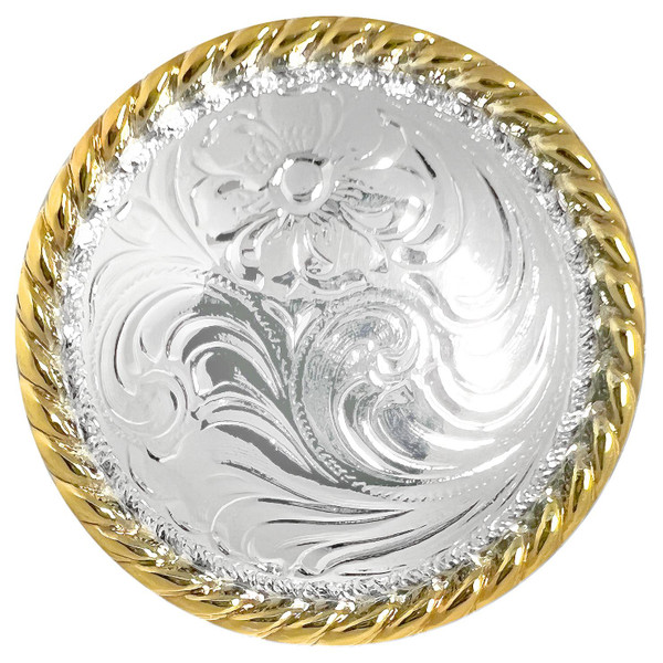 F9819-5 SPGP 1-1/2" Bright Gold Western Floral Rope Edge Engraved Concho Screwback