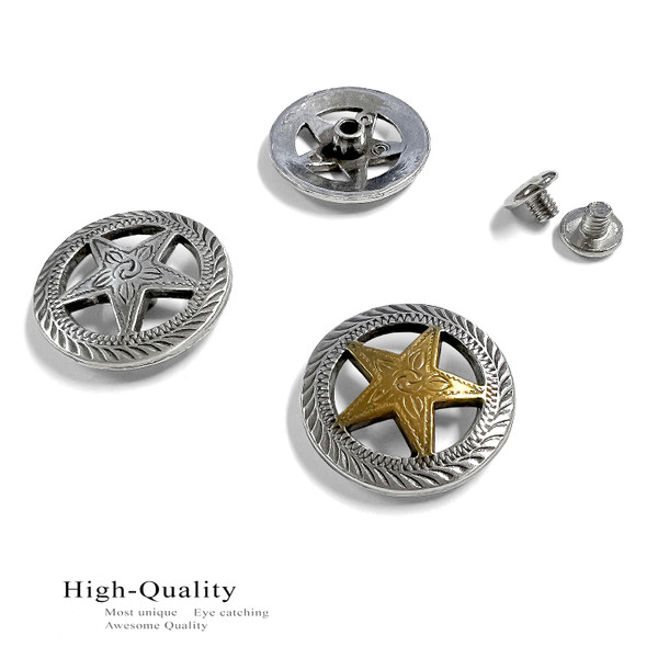 F9858 SRTPGP 1-1/8"  Antique Gold Western Engraved Star Concho Screwback