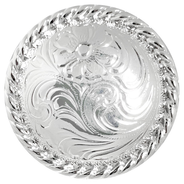 F9819-4 SP 1-1/4"Bright Silver Western Floral Rope Edge Engraved Concho Screwback