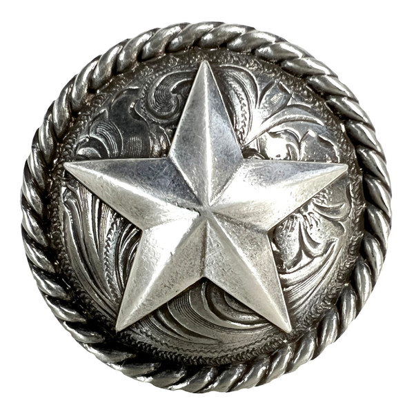 BS9156-1 SRTP 1" Antique Silver Engraved Round Rope Edge Star Concho Screwback
