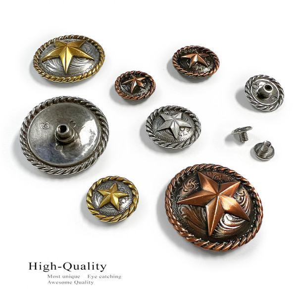 BS9156-1 SRTP 1" Antique Silver Engraved Round Rope Edge Star Concho Screwback