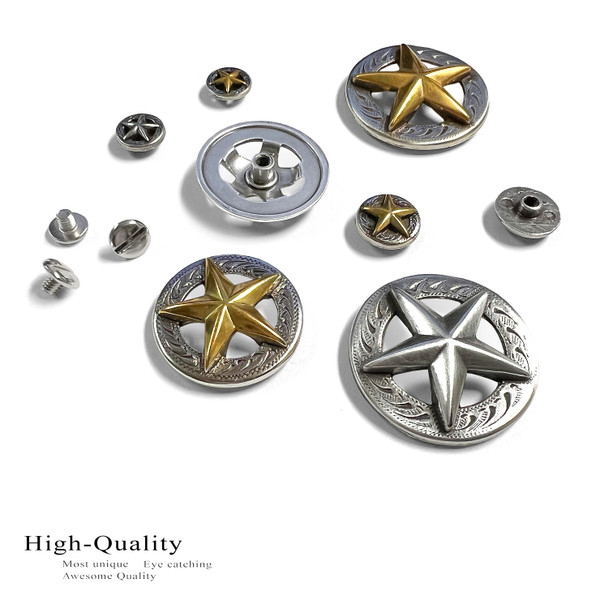 F9951-1 SRTP 5/8" Antique Silver Engraved Raised Star Concho Screwback