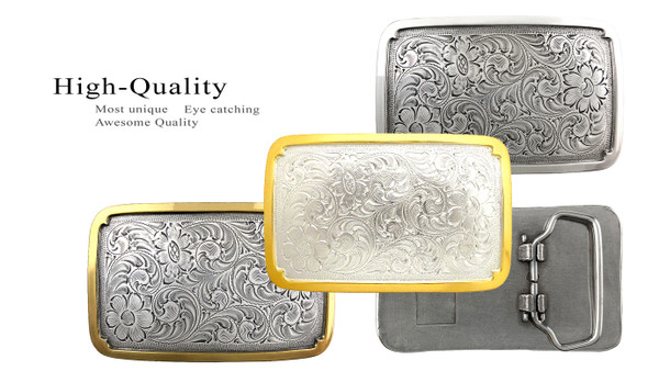 Antique Silver Gold Western Floral Scroll Engraved Belt Buckle Fits 1-1/2"(38mm) Belt Strap