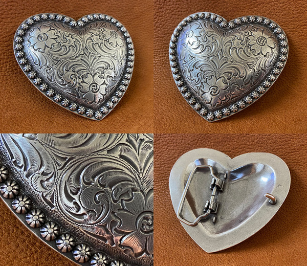 Western Silver Engraved Heart Buckle Fits up to 1-1/2" or 38 mm wide belt strap