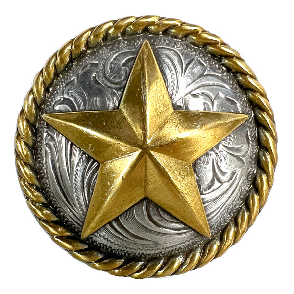 BS9156-1 SRTPGP 1" Antique Gold Engraved Round Rope Edge Star Concho Screwback