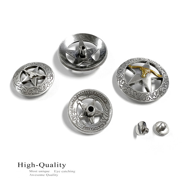 BS9247-B SRTP 1-1/8" Antique Silver Engraved Longhorn Steer Star Concho Screwback